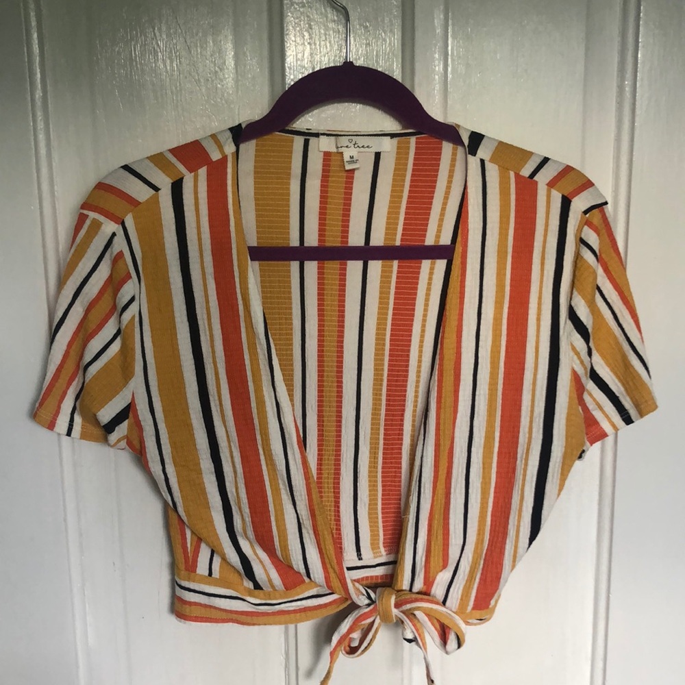 Love tree tie front crop top striped orange yellow